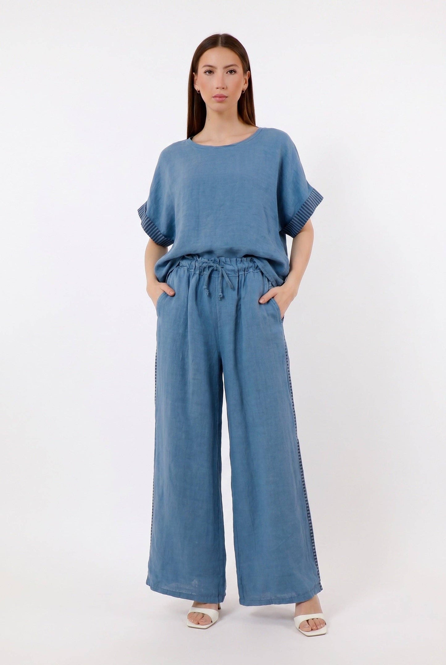 [TINA Stephens Italy/Tees By Tina - Harlowe Stripe Trim Linen Pant (PL928PR): 427 Jeans / One Size], [Pants], [TINA Stephens Italy/Tees By Tina], [Plum Bottom].