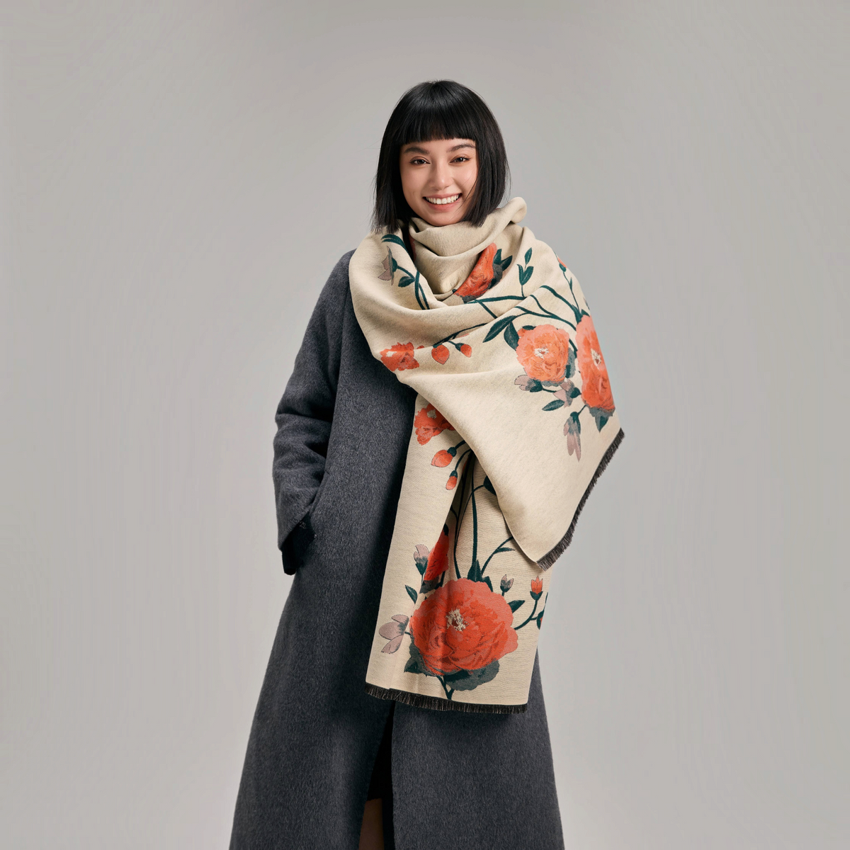 [Winding River - Orange / Green Blossom Reversible Wrap], [Scarf], [Winding River], [Plum Bottom].