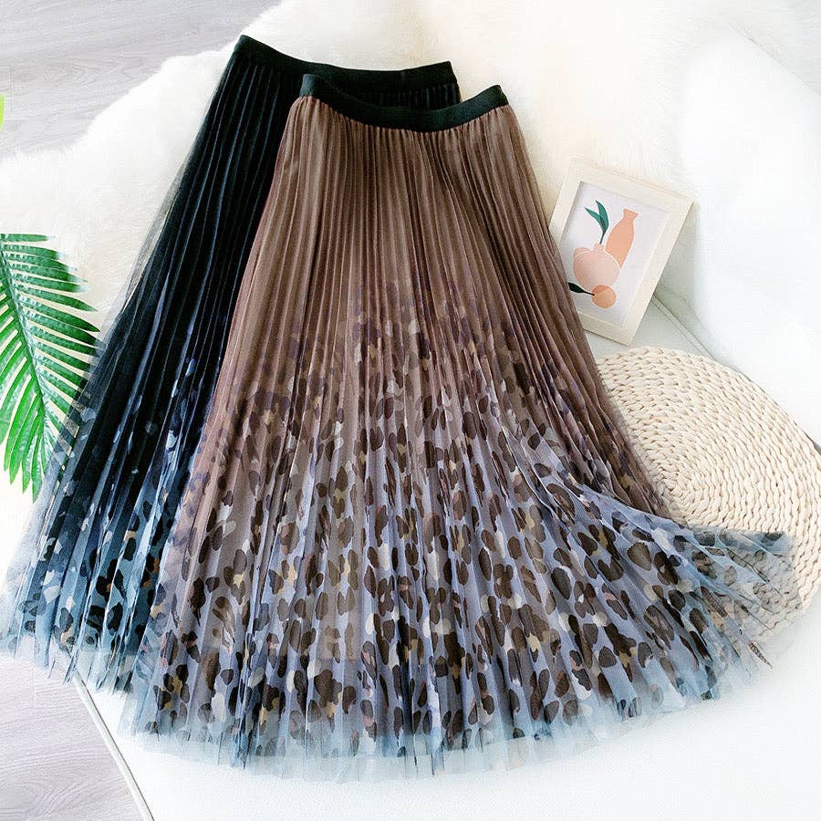 [Ellyndale - Fairy pleating mesh Skirt with Leopard print hem (Brown): Brown / O/S], [Skirts], [Ellyndale], [Plum Bottom].