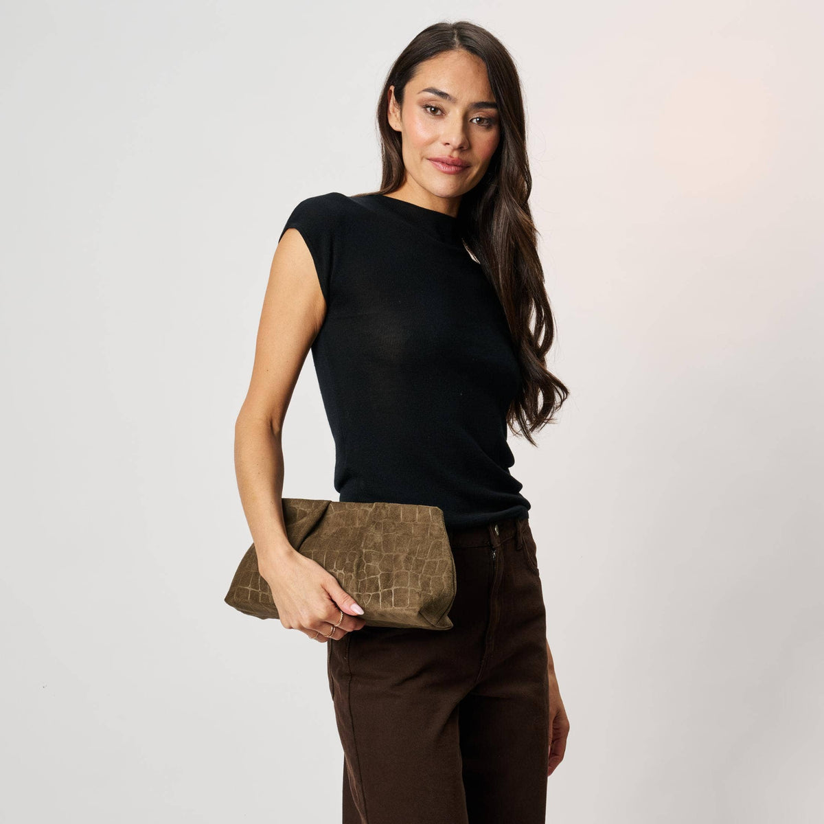 [Moda Luxe - Elva - Croc Embossed Faux Suede Clutch: Olive], [Handbags], [Moda Luxe], [Plum Bottom].