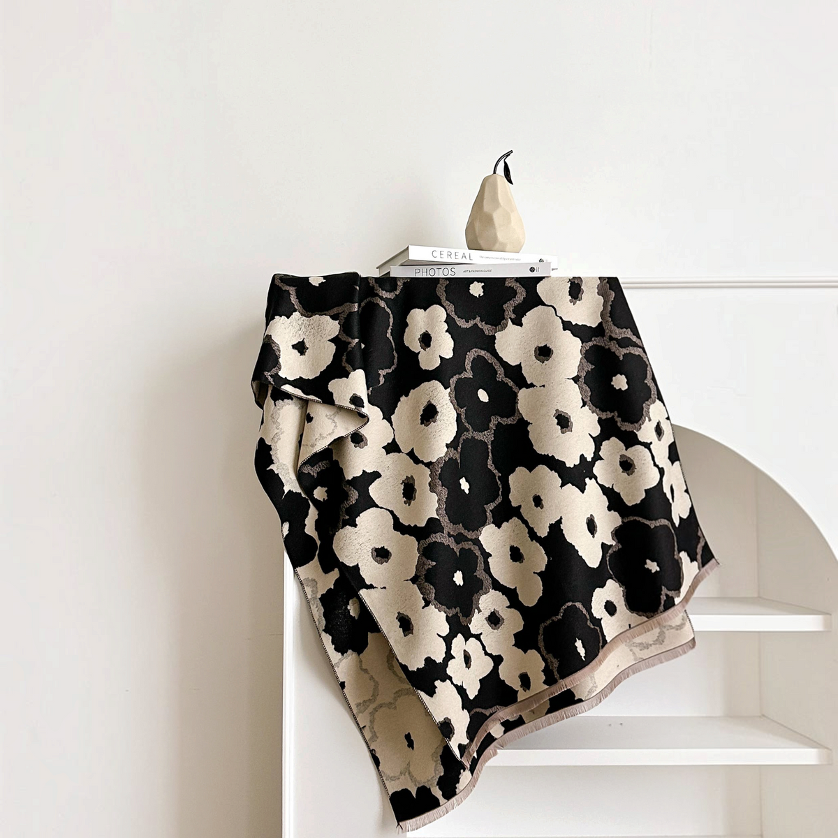[Winding River - Black / White Drawn Rose Reversible Wrap], [Scarf], [Winding River], [Plum Bottom].