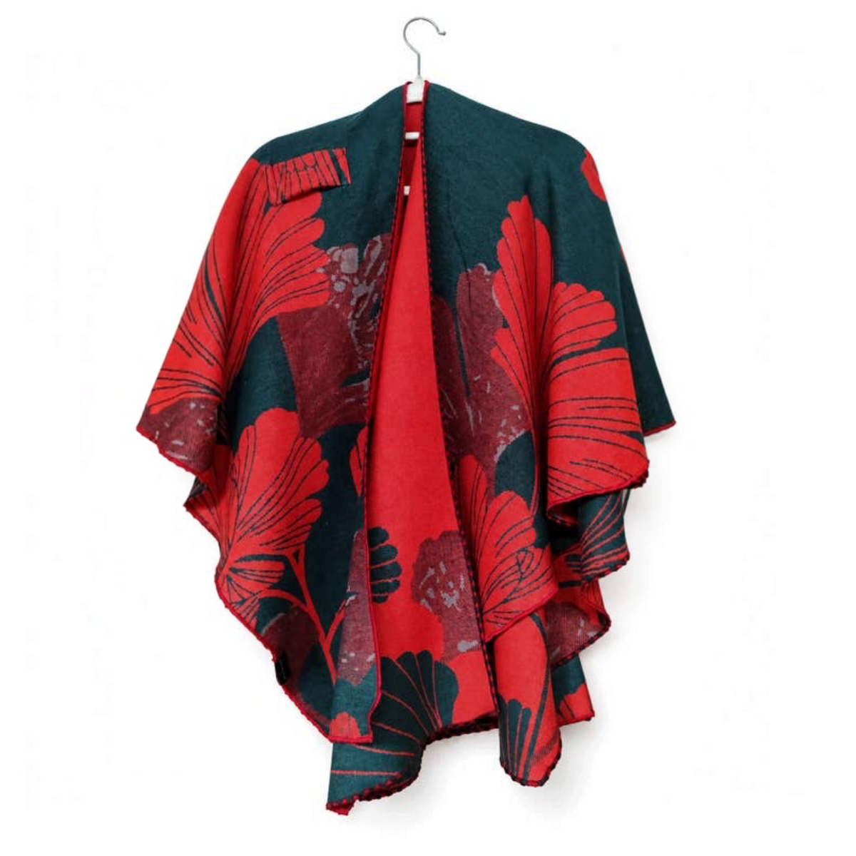 [Winding River - Red / Green Large Ginkgoes Reversible Loop Wrap], [Scarf], [Winding River], [Plum Bottom].