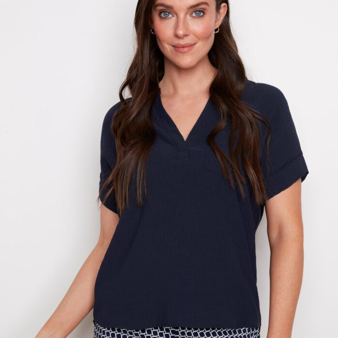 UP! 30586 Short Sleeve V-Neck Collar Top Navy
