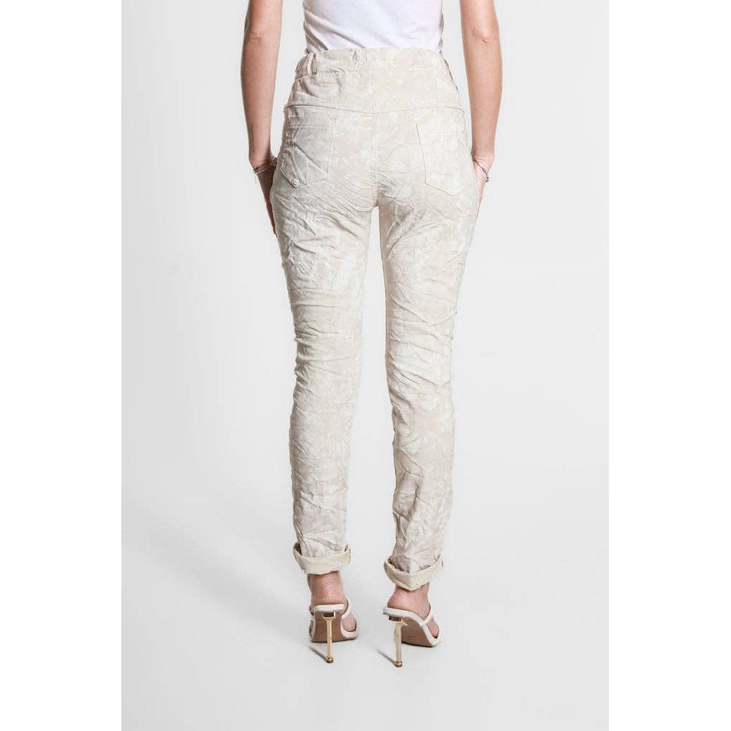 [TINA Stephens Italy/Tees By Tina - Collins Tonal Splotch Stretch Tie Waist Pant (PL160T): 250 Beige], [CLOTHING], [TINA Stephens Italy/Tees By Tina], [Plum Bottom].