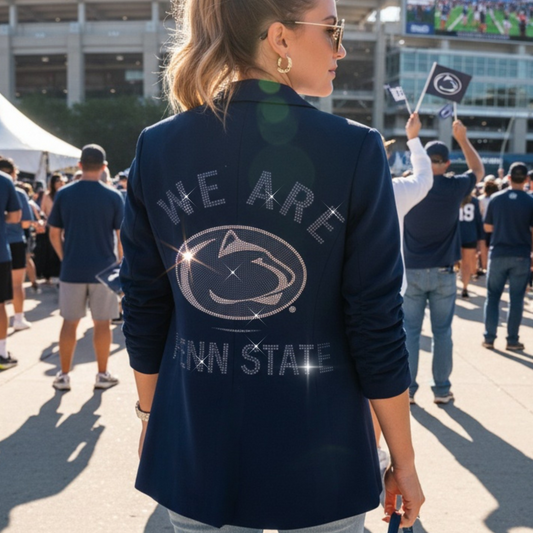 [MOVING FORWARD DESIGNS Penn State We Are Nittany Lion Navy Ruched Sleeve Blazer], [Jackets], [Moving Forward Designs], [Plum Bottom].