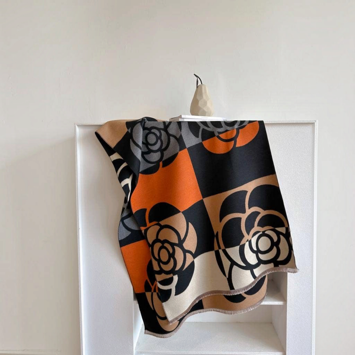 [Winding River - Orange / Black Geo Rose Reversible Wrap], [Scarf], [Winding River], [Plum Bottom].