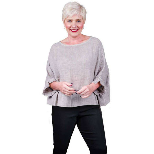 TINA Stephens Italy/Tees By Tina - Samara Ruffle Loose Gauze Top (BQ118): 241 Taupe Enzyme / One Size, CLOTHING, TINA Stephens Italy/Tees By Tina, Plum Bottom