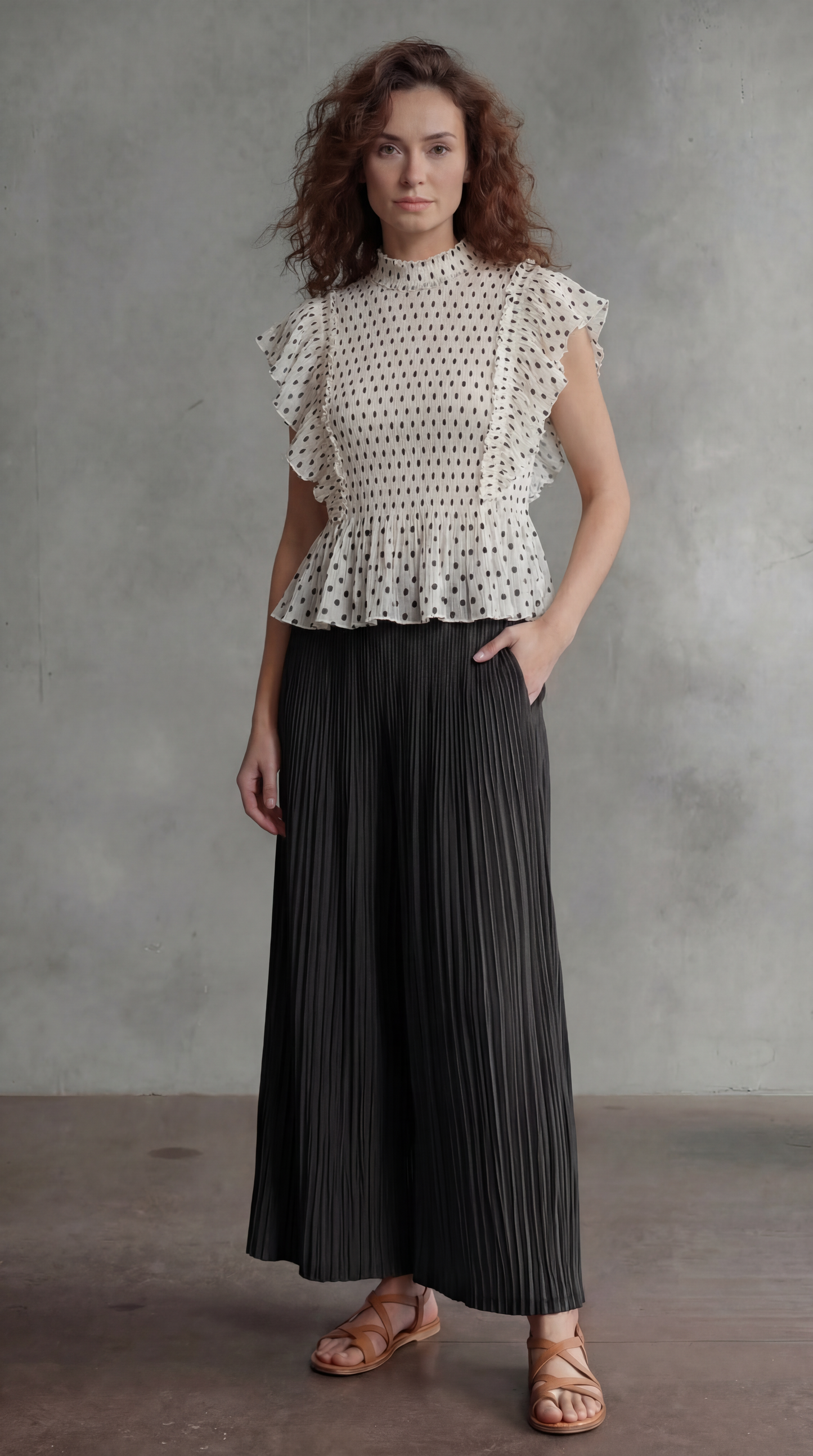 [Ellyndale - Pleating Ruffle Polka dot Top - Black: Black / O/S], [Tops], [Ellyndale], [Plum Bottom].