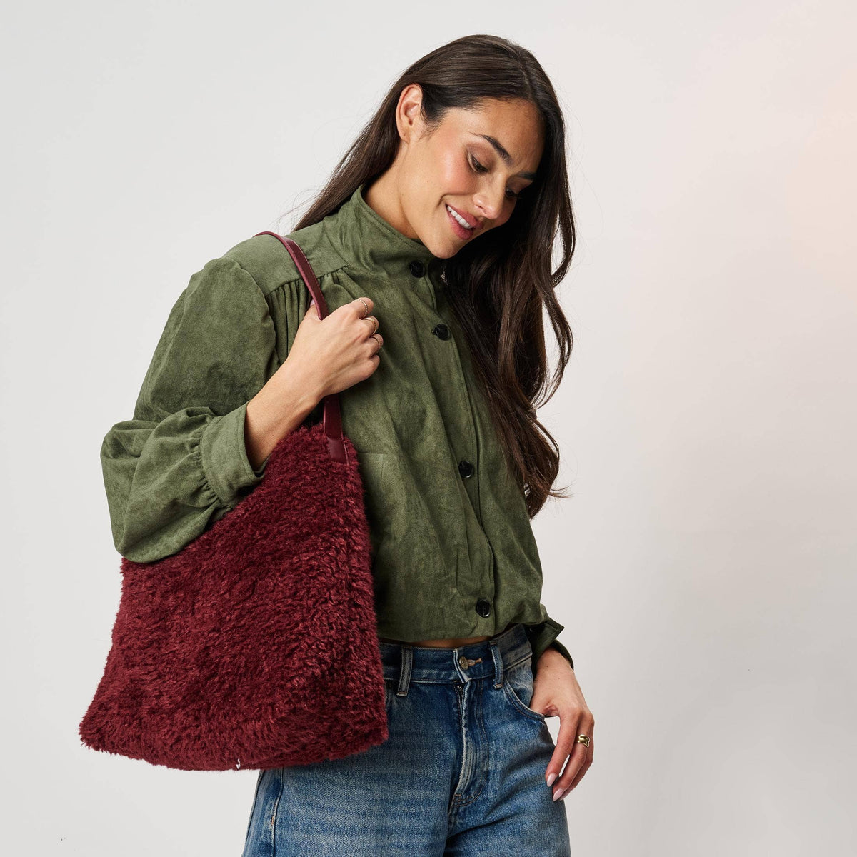 [Moda Luxe - Neve Sherpa Tote: Cream], [Handbags], [Moda Luxe], [Plum Bottom].