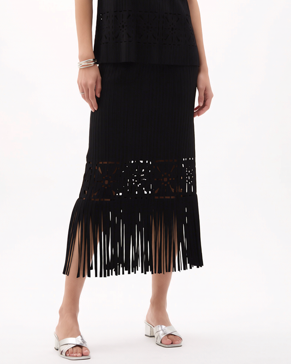 [Ellyndale - Pleated Cutout Skirt with Fringe - Black: Black], [Skirts], [Ellyndale], [Plum Bottom].