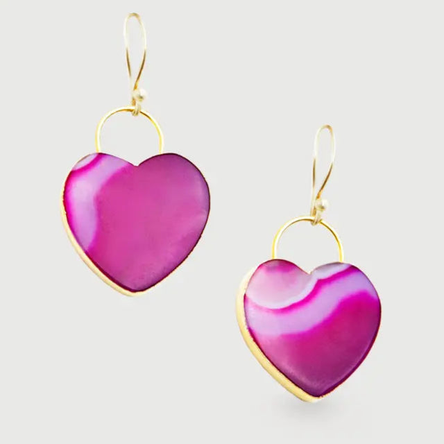 Saachi - Agate Heart Earrings - Pink