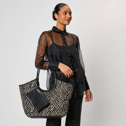 [Moda Luxe - Delilah - Zebra Tote: Black Beige], [Handbag], [Moda Luxe], [Plum Bottom].