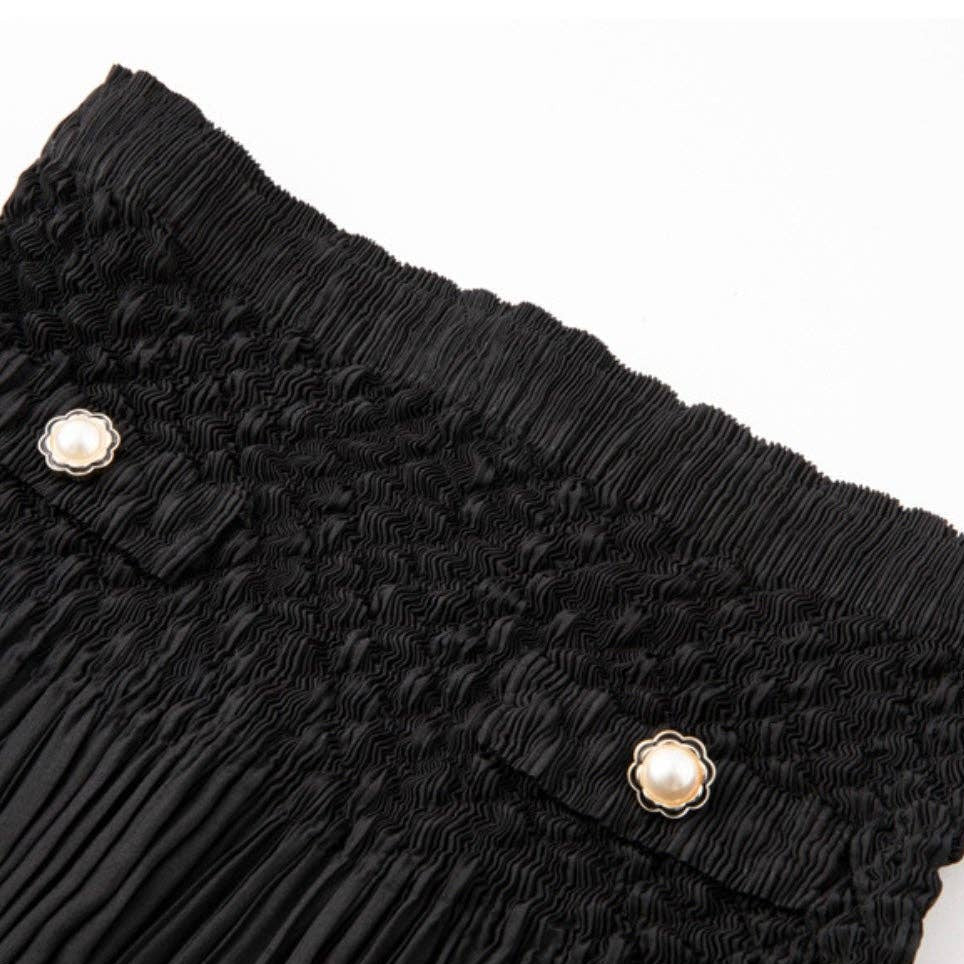 [Ellyndale - Pleated Chanel look mock pockets skirt ( Black ): Black / O/S], [Skirts], [Ellyndale], [Plum Bottom].