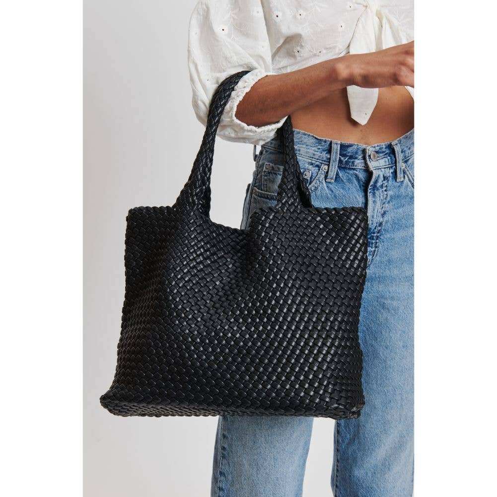 [Moda Luxe - Solana Woven Vegan Leather Tote: Black], [Handbag], [Moda Luxe], [Plum Bottom].