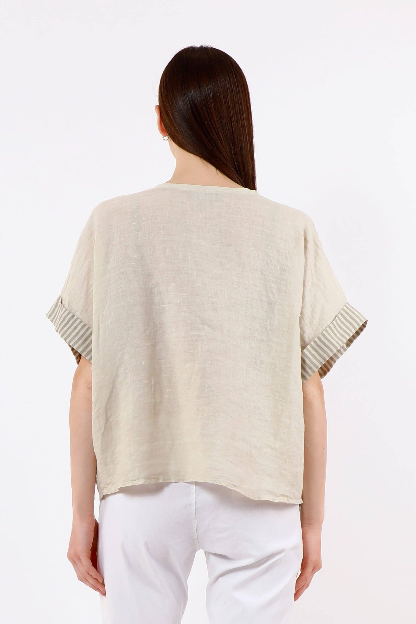 [TINA Stephens Italy/Tees By Tina - Brie Stripe Trim Short Sleeve Linen Top (BSS936PR): 286 Cashmere / One Size], [Tops], [TINA Stephens Italy/Tees By Tina], [Plum Bottom].