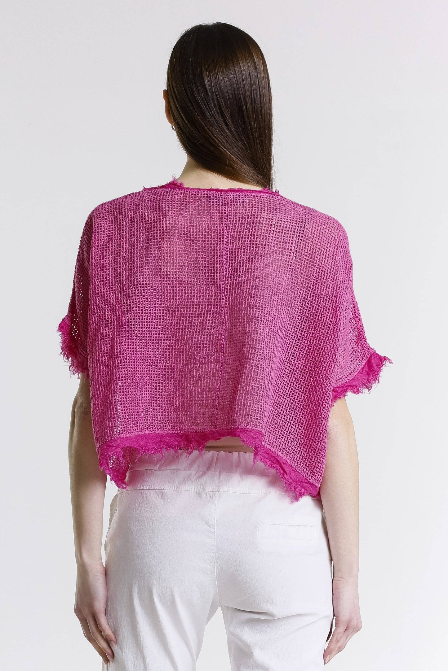 [TINA Stephens Italy/Tees By Tina - Yvonne Short Sleeve Linen Fringe Top (BSS905): 672 Fuchsia / One Size], [CLOTHING], [TINA Stephens Italy/Tees By Tina], [Plum Bottom].