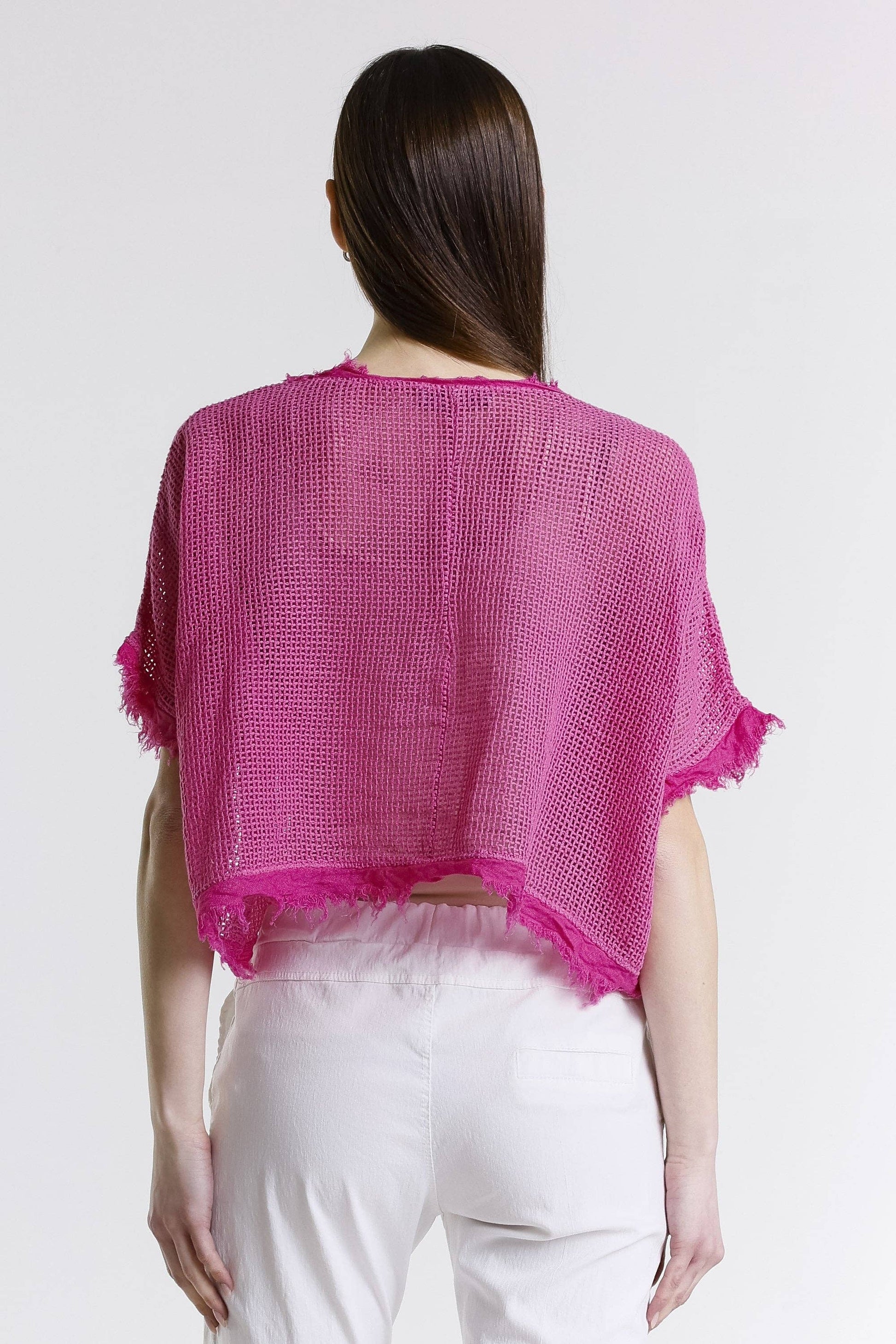 [TINA Stephens Italy/Tees By Tina - Yvonne Short Sleeve Linen Fringe Top (BSS905): 672 Fuchsia / One Size], [CLOTHING], [TINA Stephens Italy/Tees By Tina], [Plum Bottom].