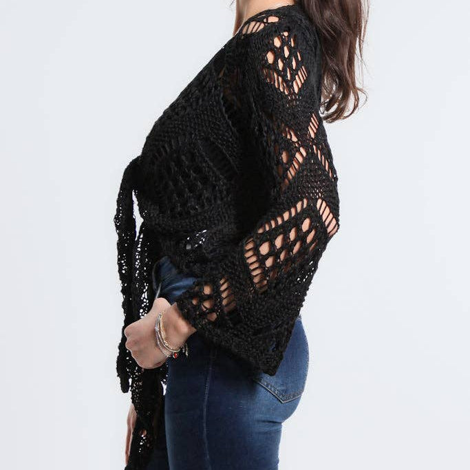 [TINA Stephens Italy/Tees By Tina - Kandra Open Knit Tie Front Bolero (CLS303): 001 Black], [Jacket], [TINA Stephens Italy/Tees By Tina], [Plum Bottom].