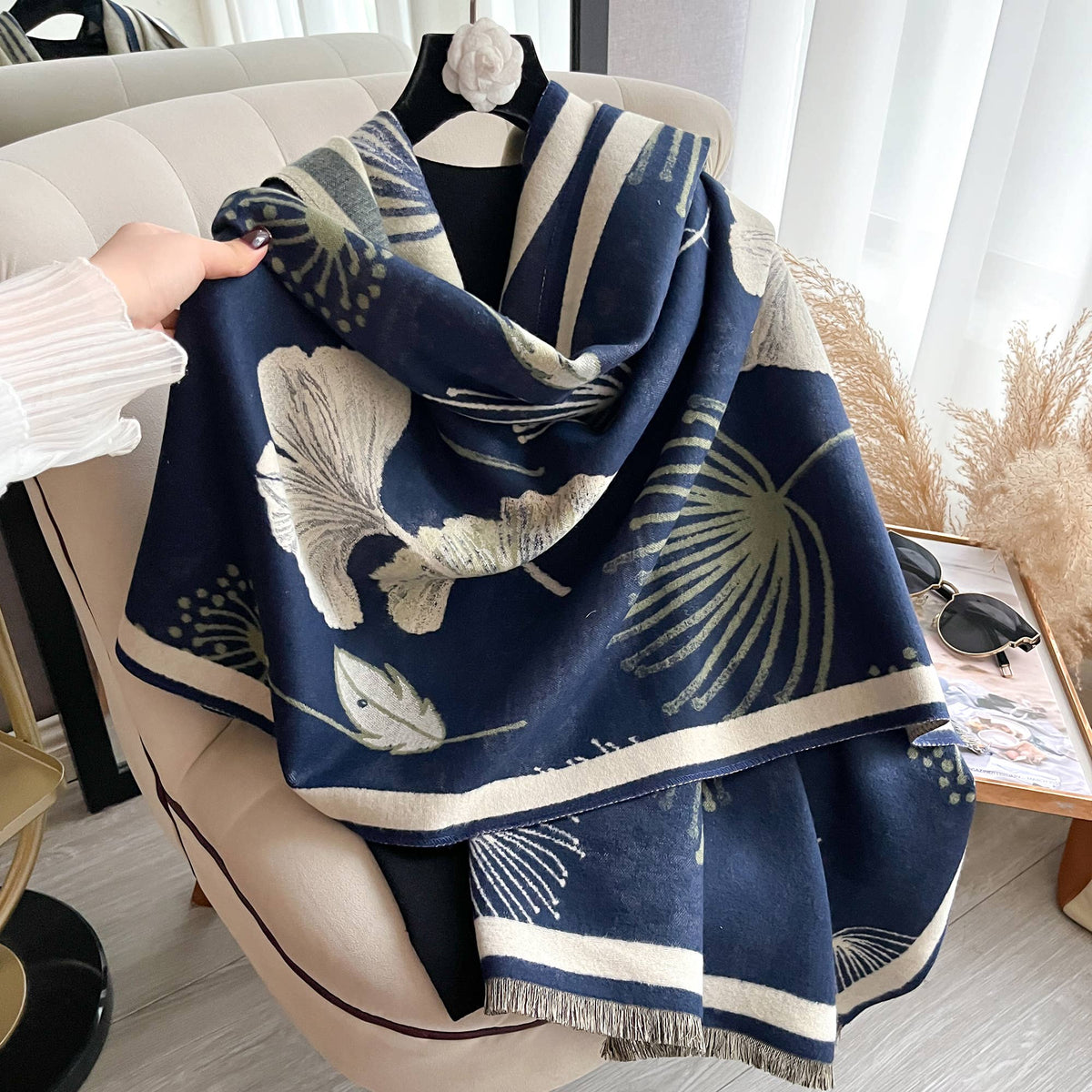 [Winding River - Navy / Cream Falling Ginkgo Reversible Wrap], [Scarf], [Winding River], [Plum Bottom].