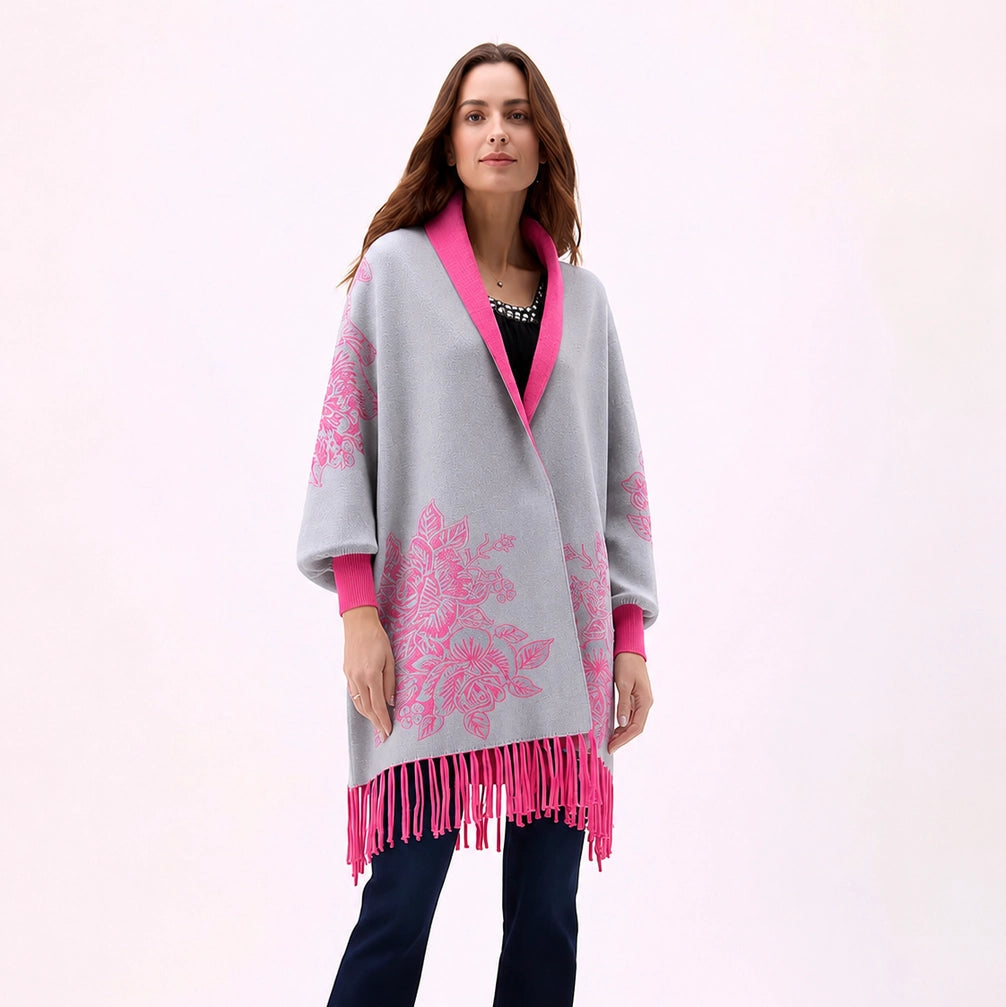 ELLYNDALE Reversible Peony Jacquard Shawl with Arm Openings Hot Pink/ Grey