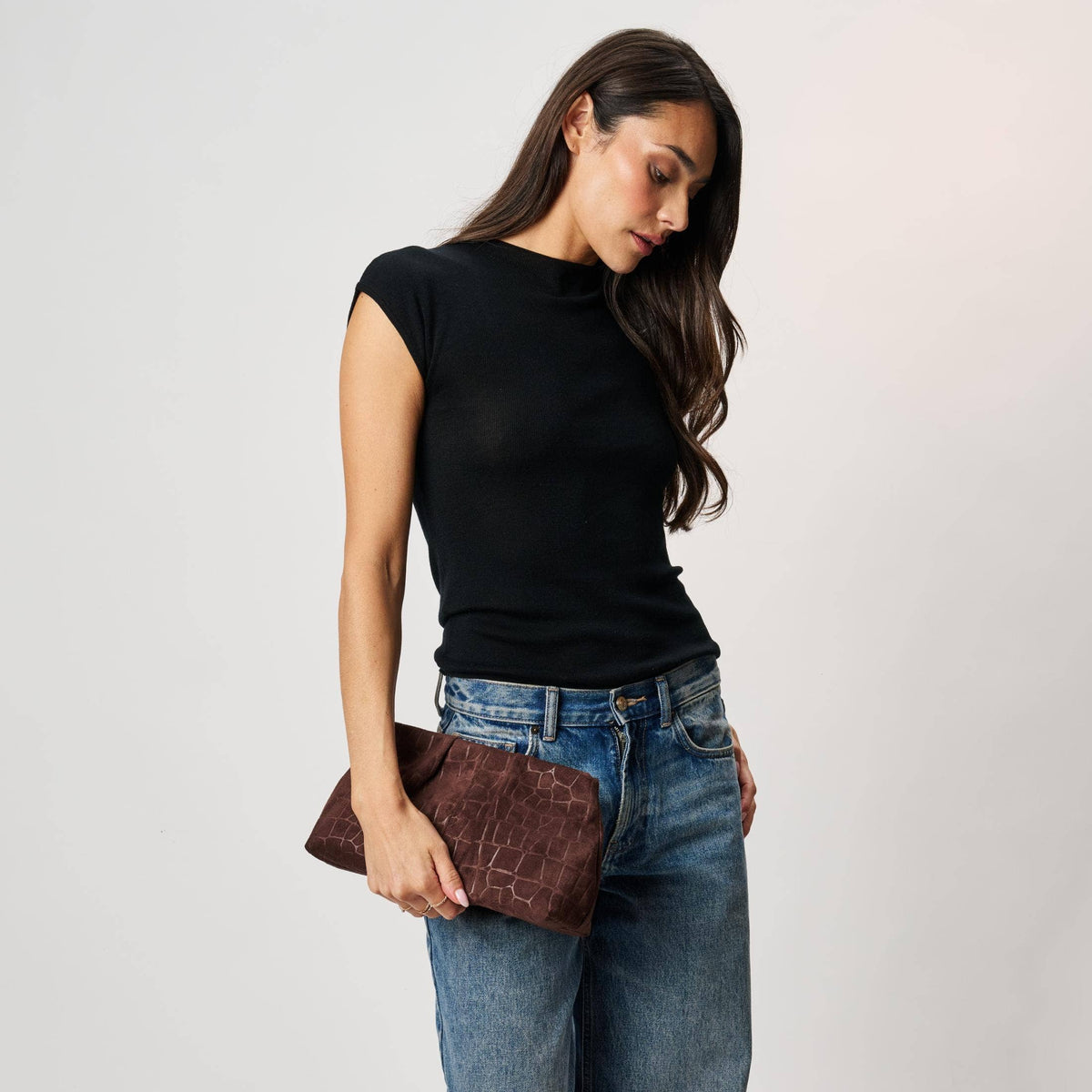 [Moda Luxe - Elva - Croc Embossed Faux Suede Clutch: Olive], [Handbags], [Moda Luxe], [Plum Bottom].
