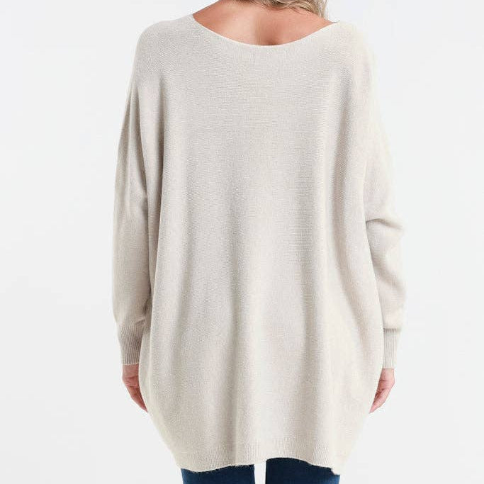 [TINA Stephens Italy/Tees By Tina - Shannon LS Oversize Fringe Pocket Sweater (BLS433): 250 Beige / One Size], [Sweater], [TINA Stephens Italy/Tees By Tina], [Plum Bottom].