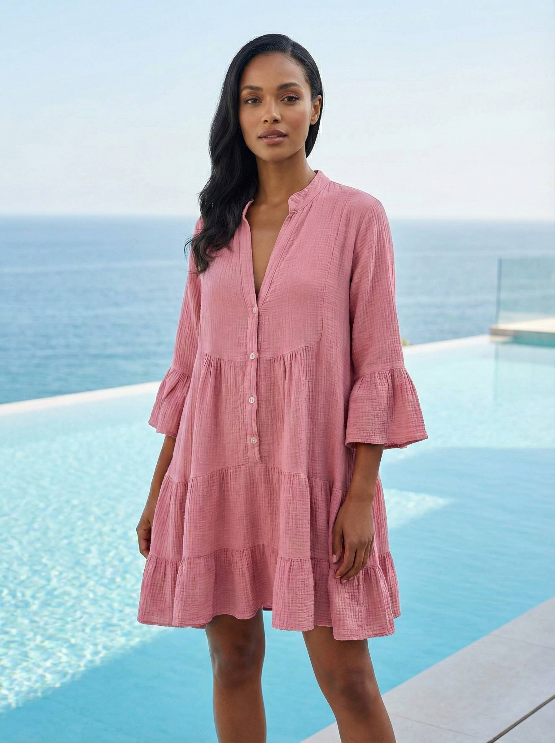[LOOWIE - SWPI Pink Gauze Cotton Italian Short Dress 3/4 Sleeves], [Dresses], [LOOWIE], [Plum Bottom].