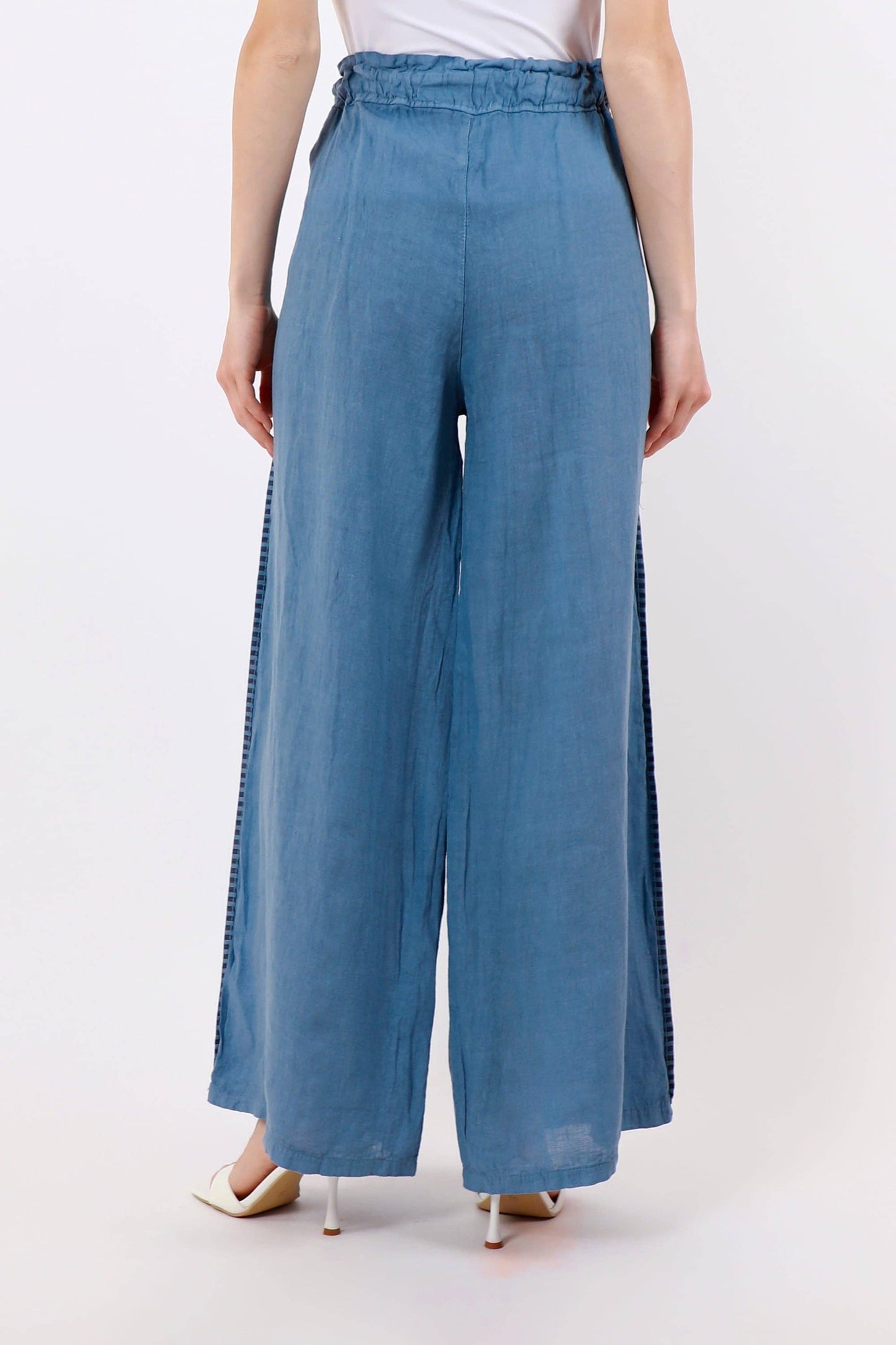 [TINA Stephens Italy/Tees By Tina - Harlowe Stripe Trim Linen Pant (PL928PR): 427 Jeans / One Size], [Pants], [TINA Stephens Italy/Tees By Tina], [Plum Bottom].