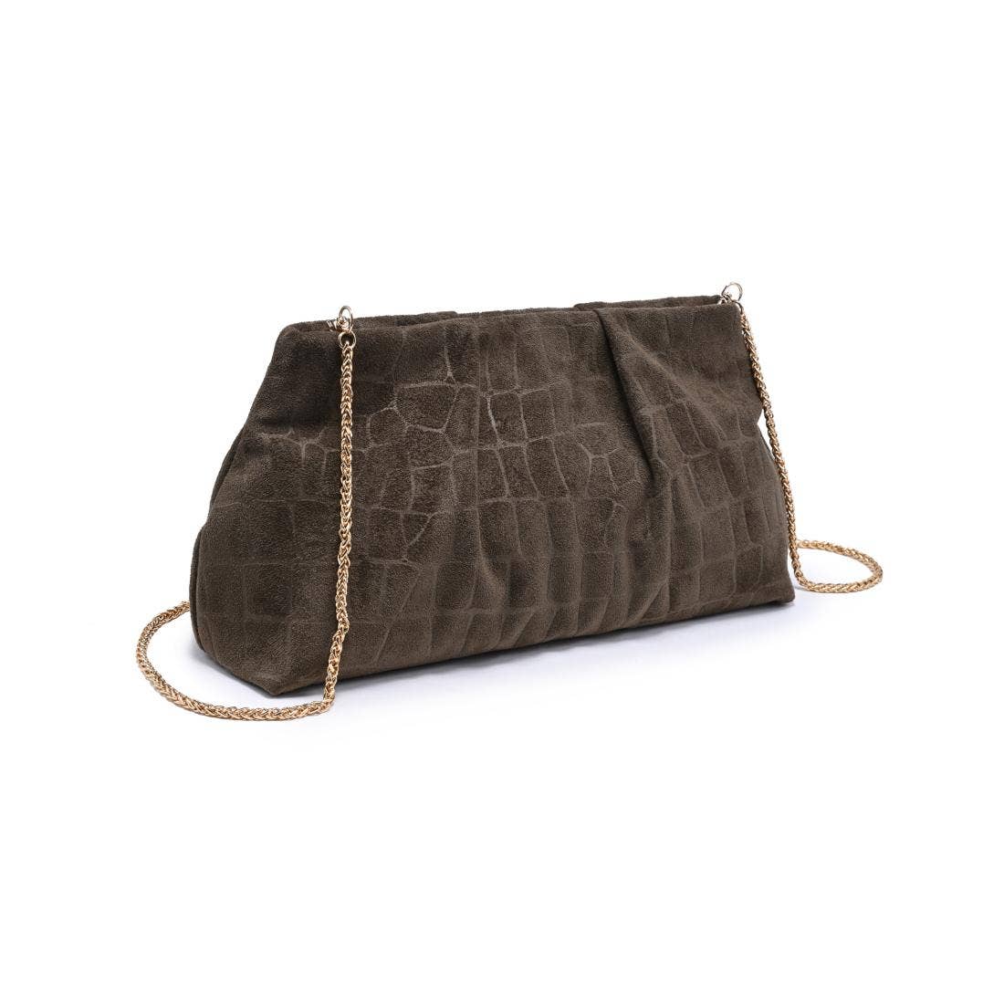 [Moda Luxe - Elva - Croc Embossed Faux Suede Clutch: Olive], [Handbags], [Moda Luxe], [Plum Bottom].