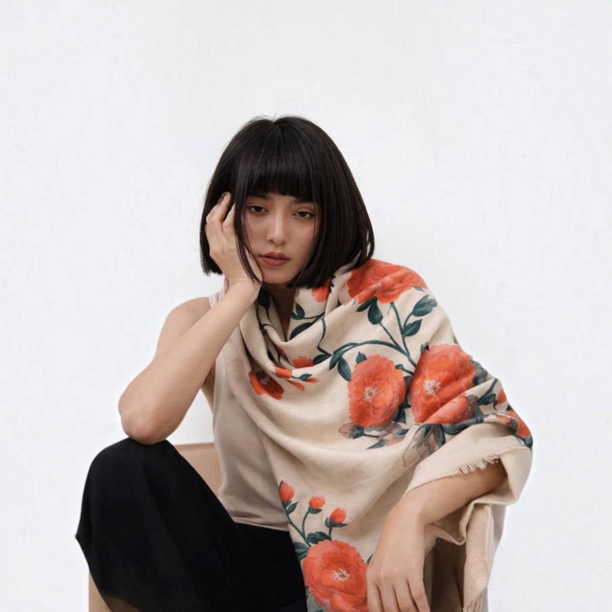 [Winding River - Orange / Green Blossom Reversible Wrap], [Scarf], [Winding River], [Plum Bottom].