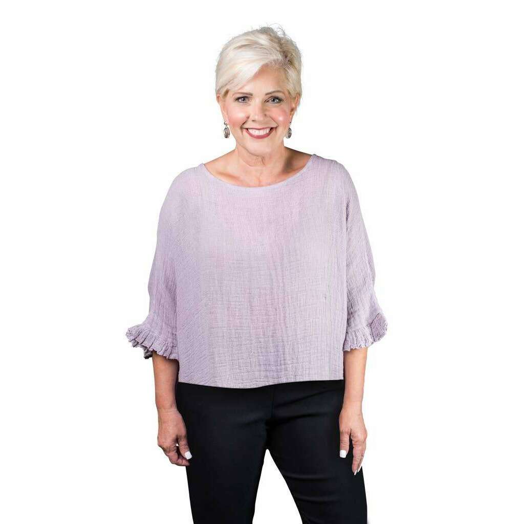 TINA Stephens Italy/Tees By Tina - Samara Ruffle Loose Gauze Top (BQ118): 241 Taupe Enzyme / One Size, CLOTHING, TINA Stephens Italy/Tees By Tina, Plum Bottom