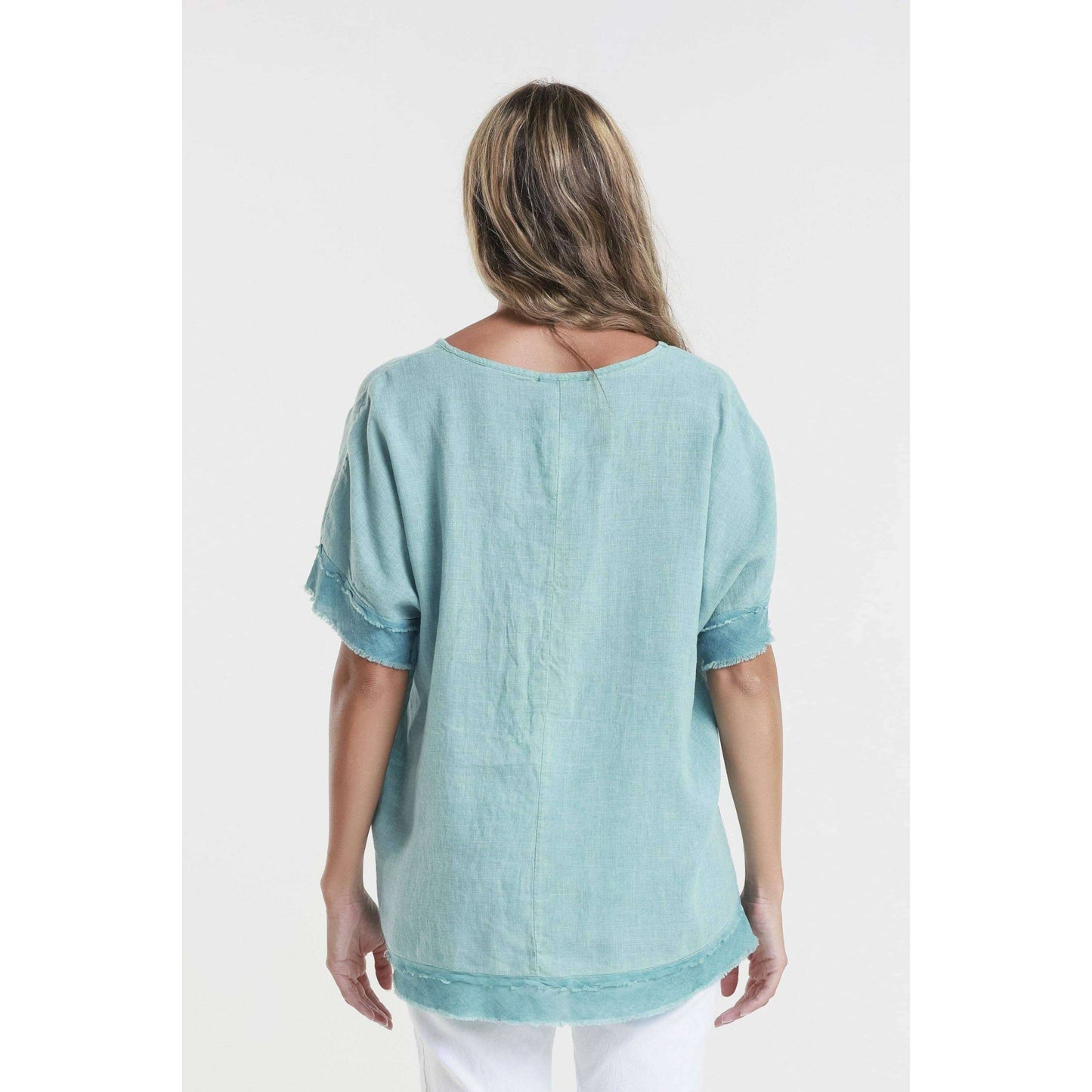 TINA Stephens Italy/Tees By Tina - Lucy V-Neck Ruffle Edge Top (BSS910): 328 Teal Enzyme / One Size, CLOTHING, TINA Stephens Italy/Tees By Tina, Plum Bottom