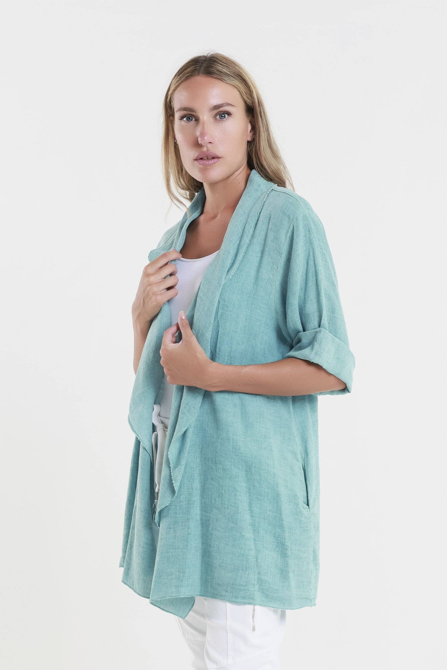 TINA Stephens Italy/Tees By Tina - Olivette Gauzy Linen Blend Open Cardigan (CQ102): 250 Beige / One Size