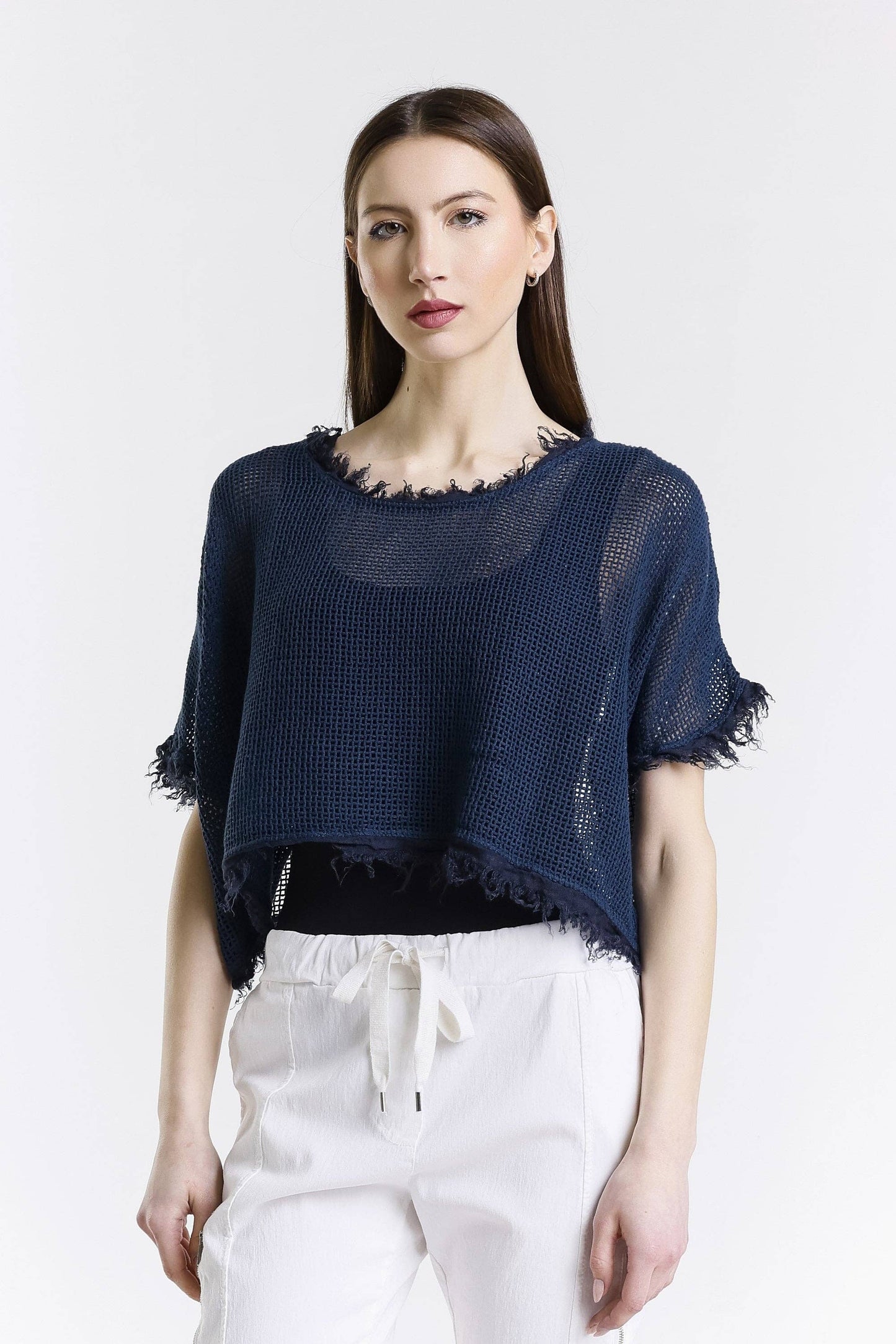 [TINA Stephens Italy/Tees By Tina - Yvonne Short Sleeve Linen Fringe Top (BSS905): 409 Navy / One Size], [CLOTHING], [TINA Stephens Italy/Tees By Tina], [Plum Bottom].