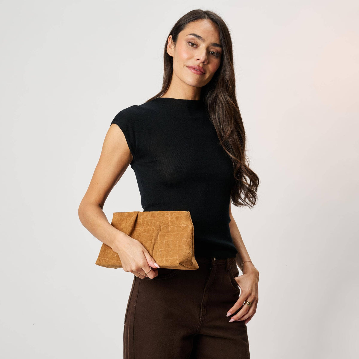 [Moda Luxe - Elva - Croc Embossed Faux Suede Clutch: Chocolate], [Handbags], [Moda Luxe], [Plum Bottom].