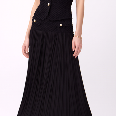 [Ellyndale - Pleated Chanel look mock pockets skirt ( Black ): Black / O/S], [Skirts], [Ellyndale], [Plum Bottom].