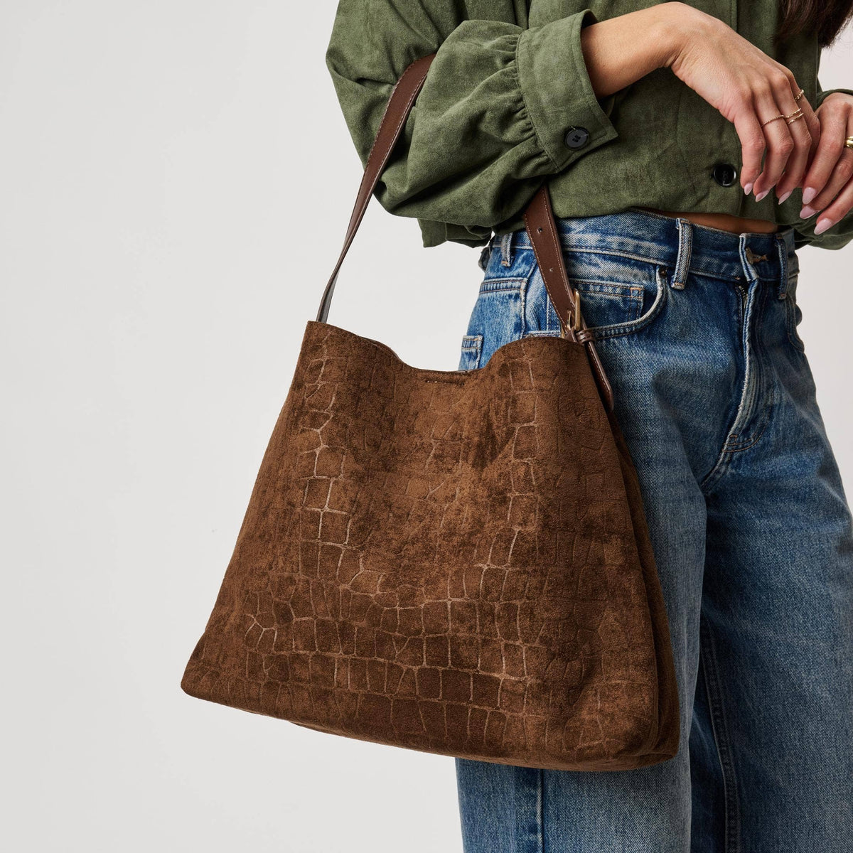 [Moda Luxe - Neve Croco Tote: Chocolate], [Handbags], [Moda Luxe], [Plum Bottom].