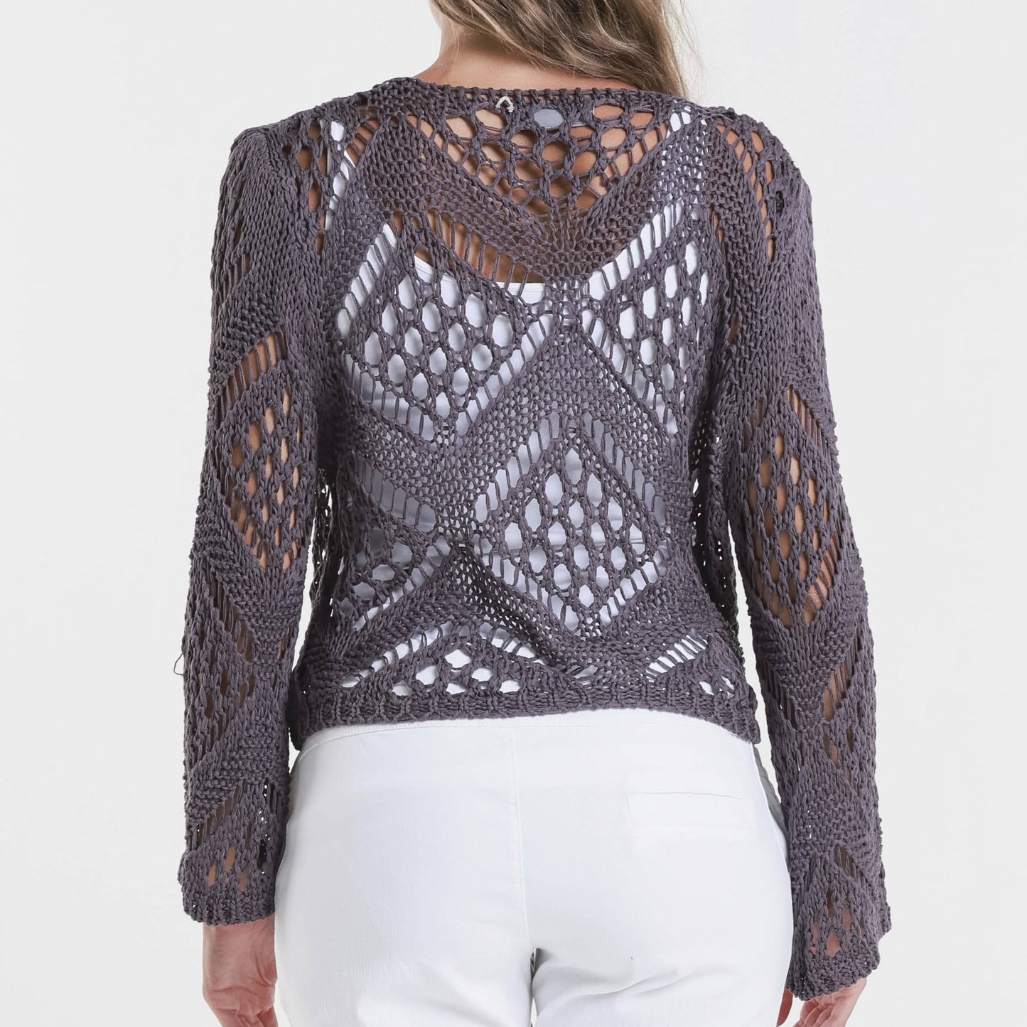 [TINA Stephens Italy/Tees By Tina - Kandra Open Knit Tie Front Bolero (CLS303): 503 Eggplant], [], [TINA Stephens Italy/Tees By Tina], [Plum Bottom].