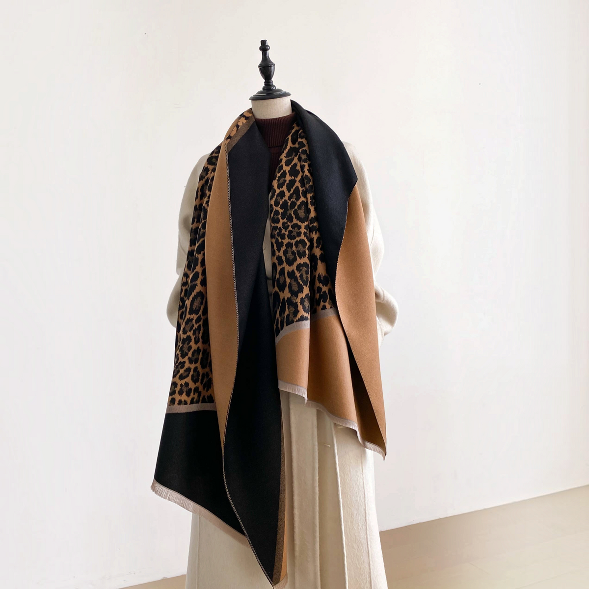[Winding River - Brown / Black Angled Leopard Reversible Wrap], [Scarf], [Winding River], [Plum Bottom].