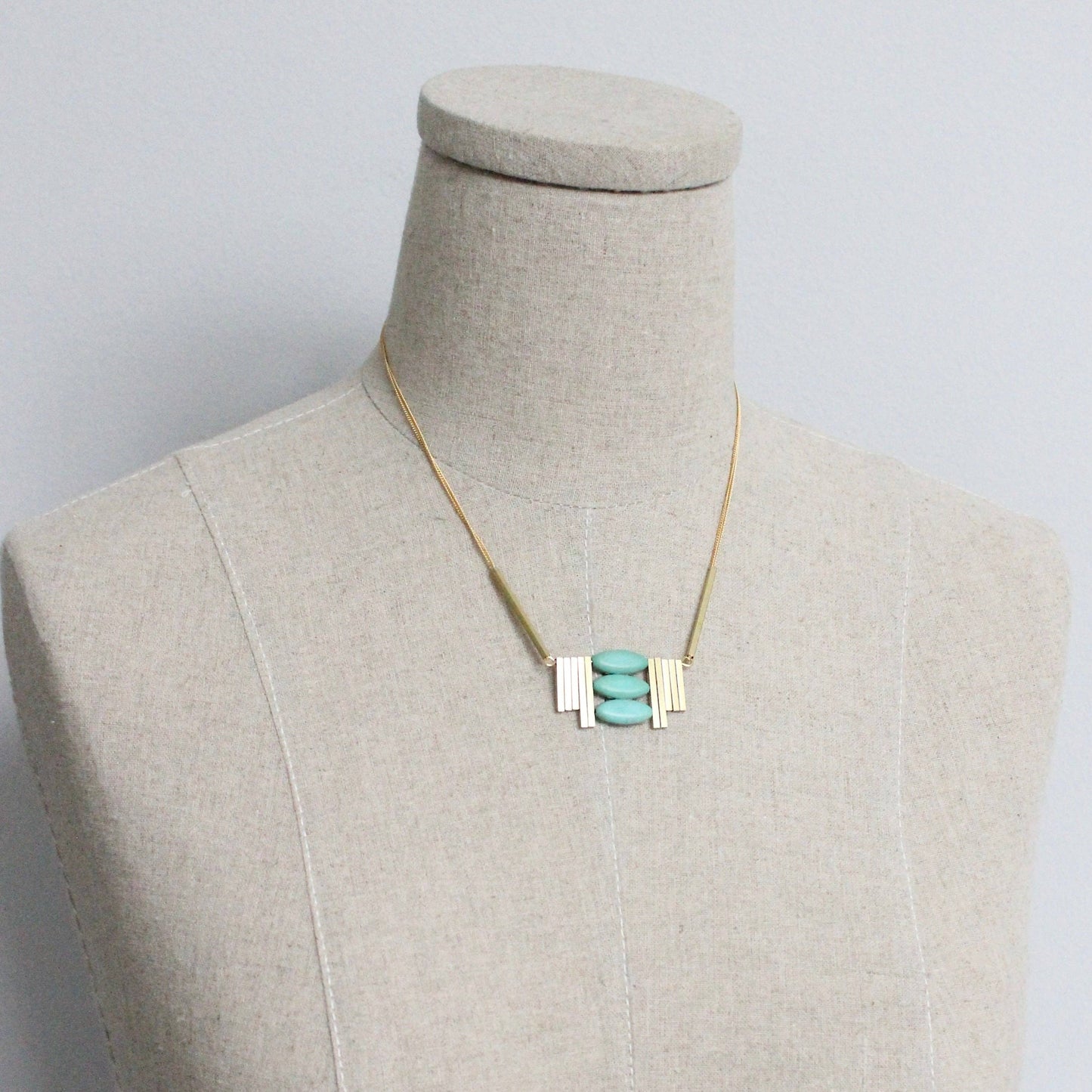 [David Aubrey Jewelry - MLN516 Turquoise and brass Artdeco necklace], [Necklaces], [David Aubrey Jewelry], [Plum Bottom].