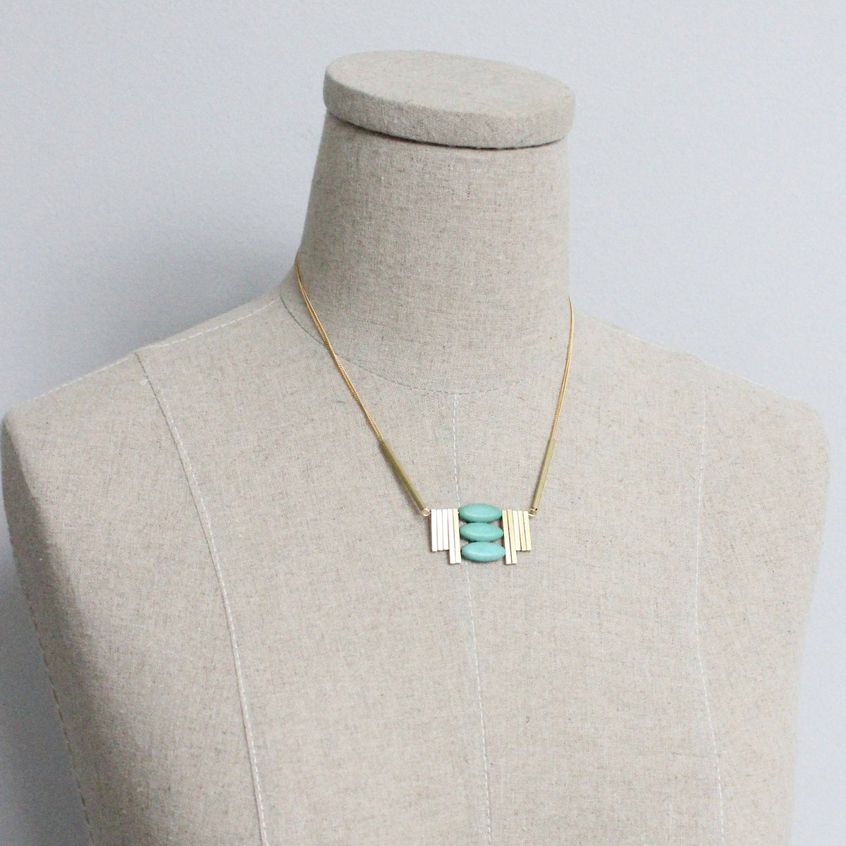 [David Aubrey Jewelry - MLN516 Turquoise and brass Artdeco necklace], [Necklaces], [David Aubrey Jewelry], [Plum Bottom].