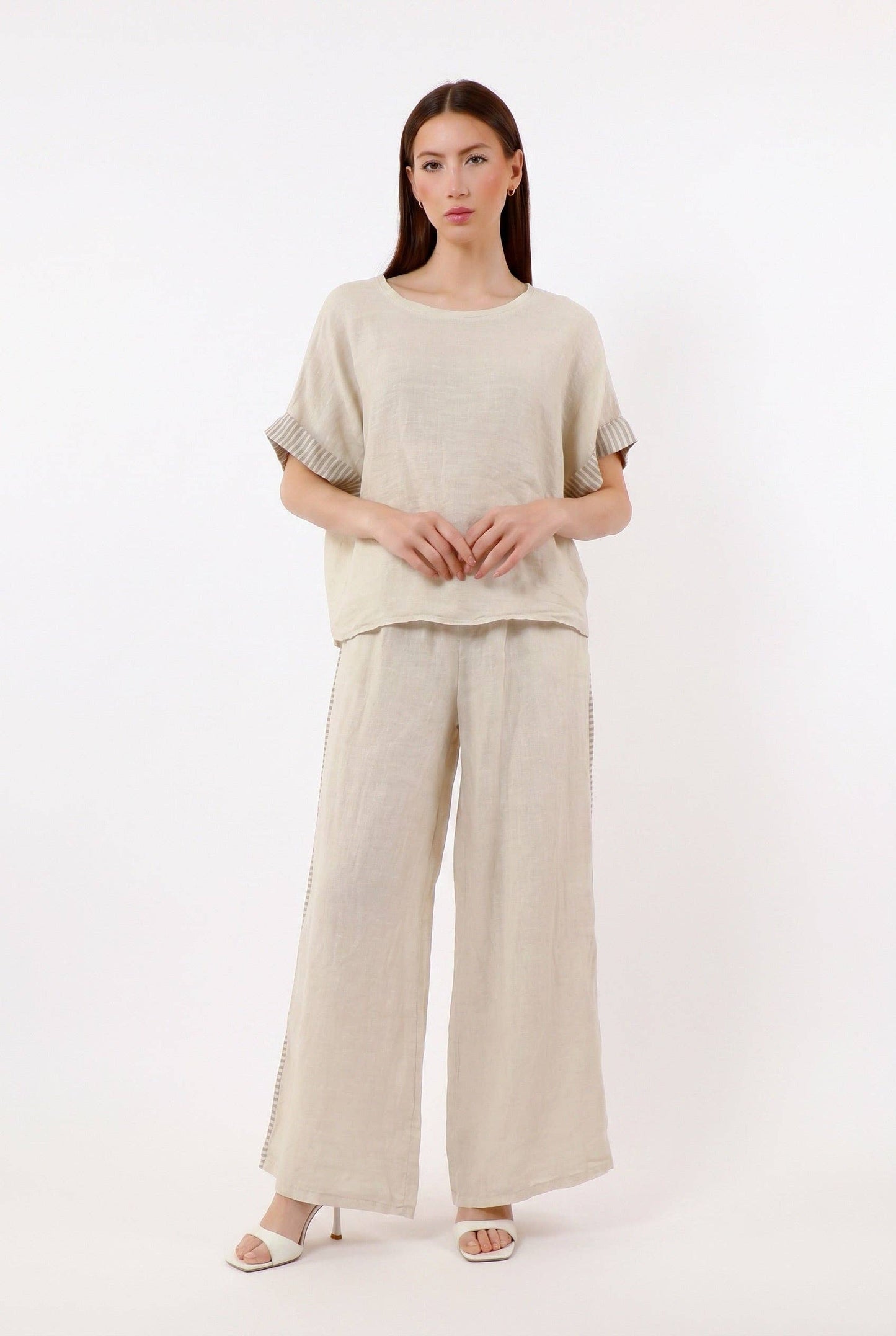 [TINA Stephens Italy/Tees By Tina - Brie Stripe Trim Short Sleeve Linen Top (BSS936PR): 286 Cashmere / One Size], [Tops], [TINA Stephens Italy/Tees By Tina], [Plum Bottom].