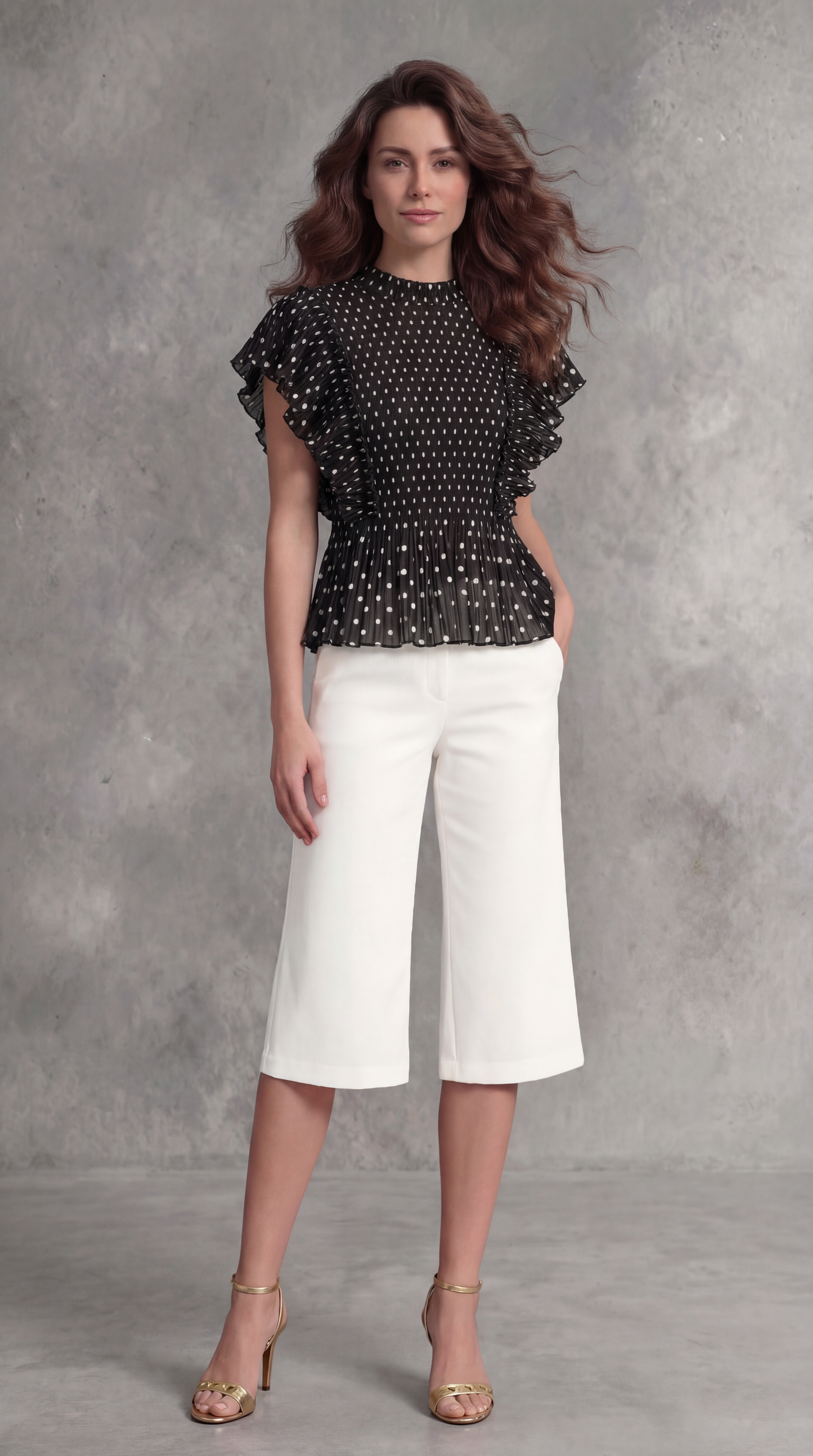 [Ellyndale - Pleating Ruffle Polka dot Top - Black: Black / O/S], [Tops], [Ellyndale], [Plum Bottom].