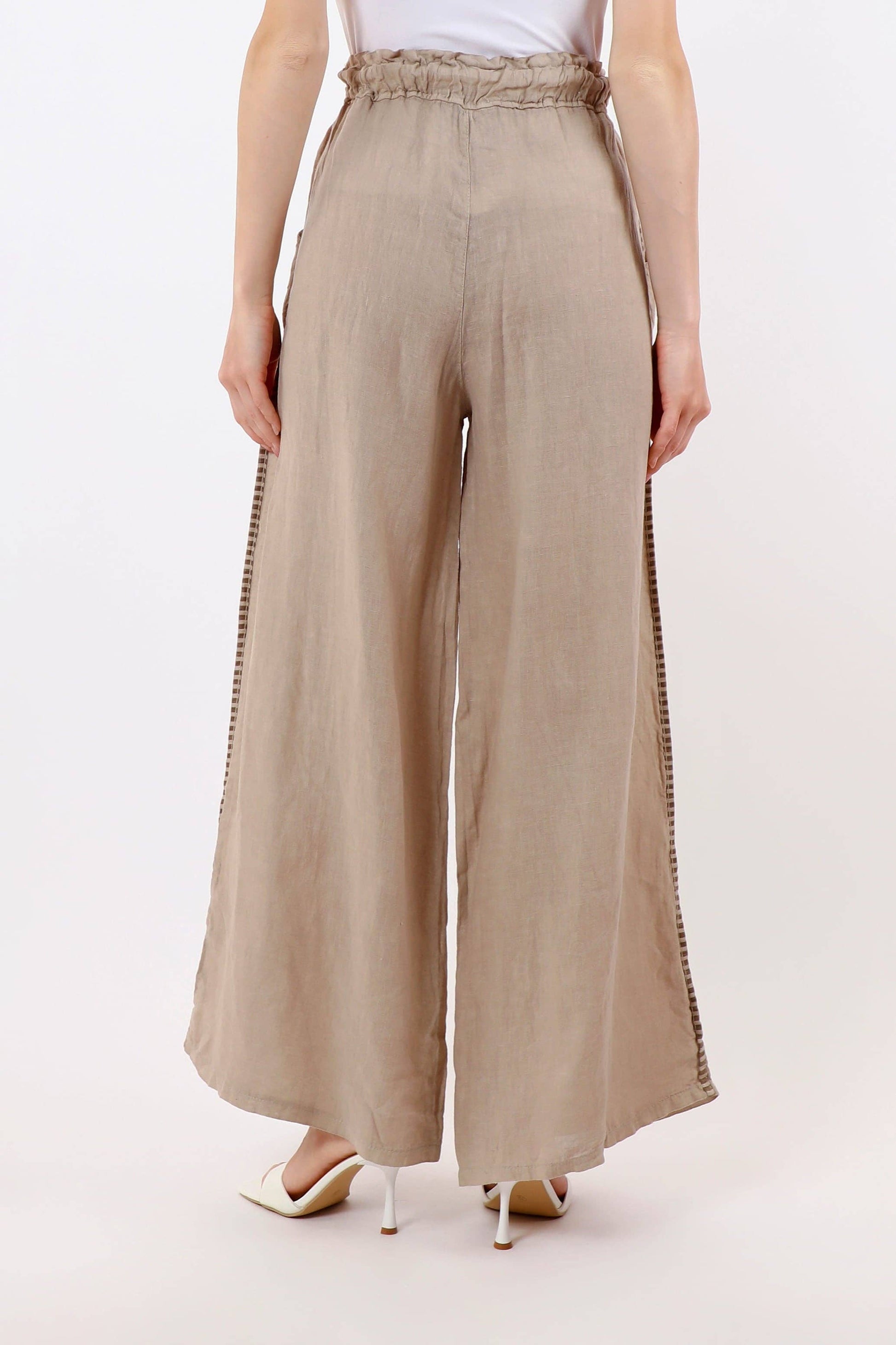 [TINA Stephens Italy/Tees By Tina - Harlowe Stripe Trim Linen Pant (PL928PR): 286 Cashmere / One Size], [Pants], [TINA Stephens Italy/Tees By Tina], [Plum Bottom].
