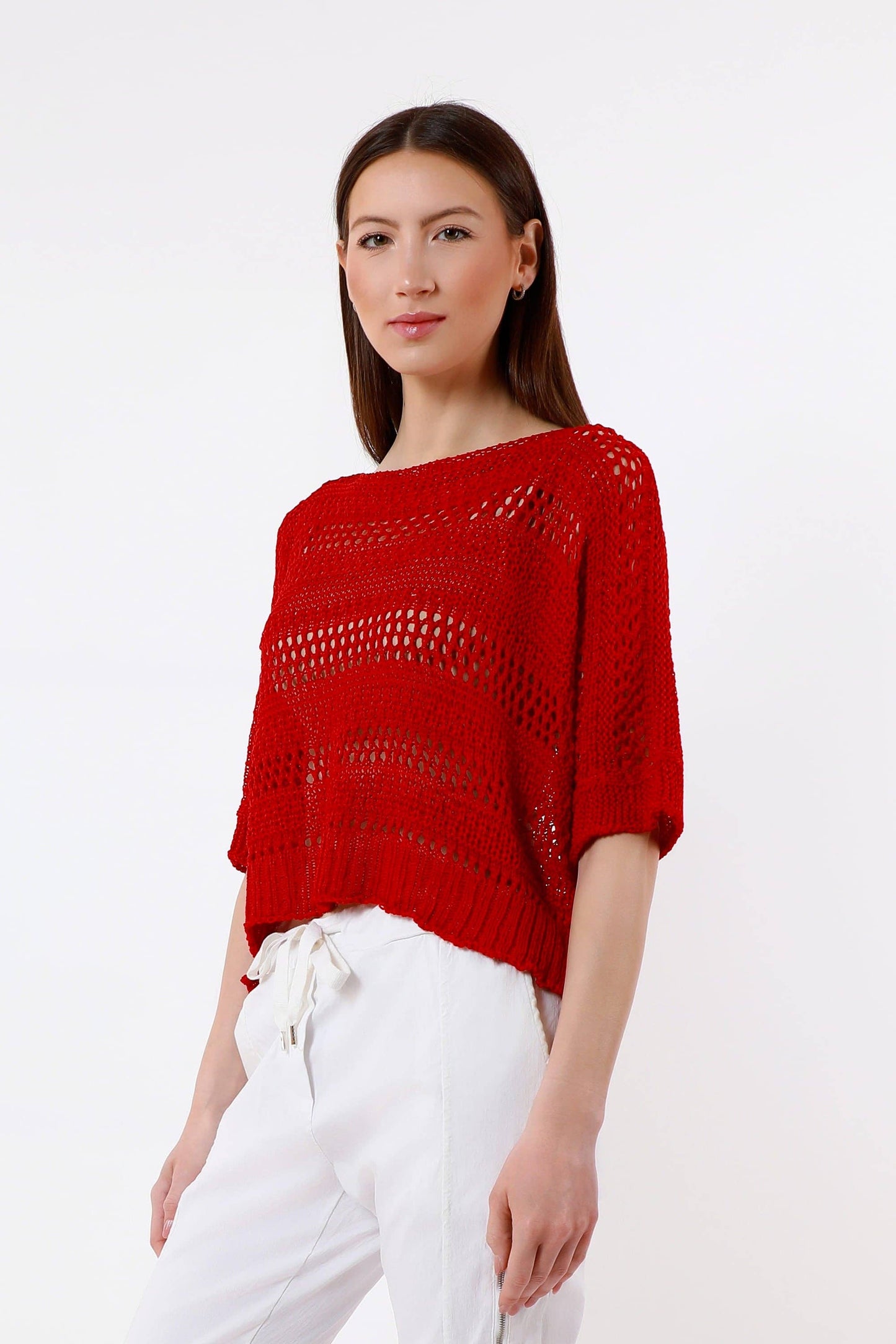 [TINA Stephens Italy/Tees By Tina - Divya Short Sleeve Cropped Open Knit Topper (BQ916): 600 Red / One Size], [Tops], [TINA Stephens Italy/Tees By Tina], [Plum Bottom].