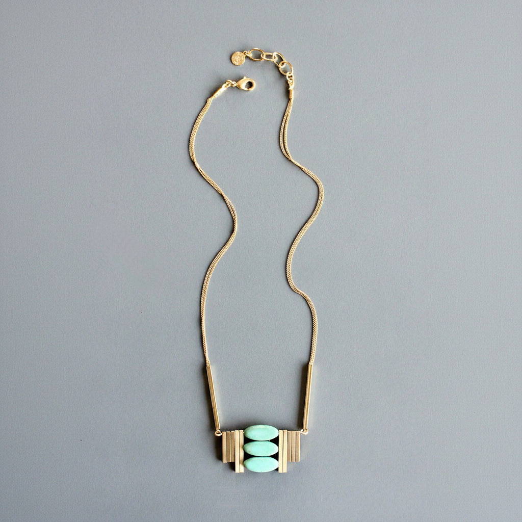 [David Aubrey Jewelry - MLN516 Turquoise and brass Artdeco necklace], [Necklaces], [David Aubrey Jewelry], [Plum Bottom].