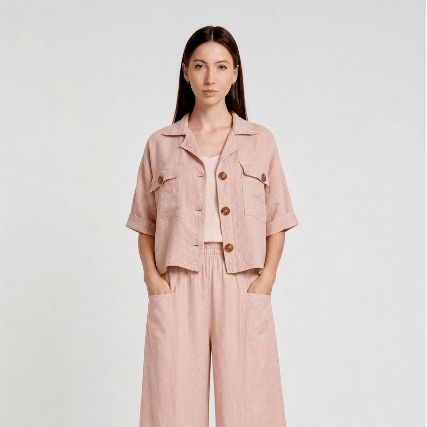 [TINA Stephens Italy/Tees By Tina - Liv Cropped Linen Jacket (JQ108): 681 Blush / Size 1], [CLOTHING], [TINA Stephens Italy/Tees By Tina], [Plum Bottom].