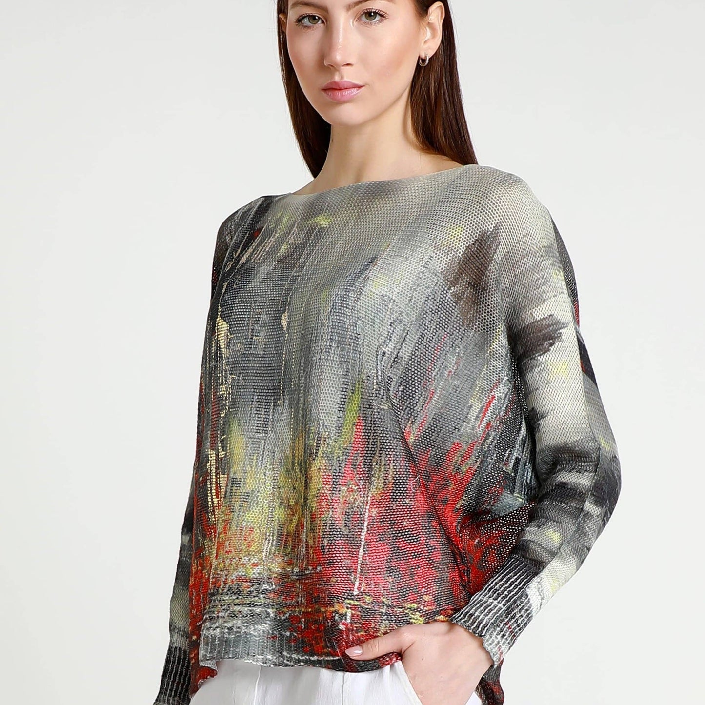 [TINA Stephens Italy/Tees By Tina - Abstract Danielle Batwing Open Knit Sweater (BLS424CT): 623 Red Multi / One Size], [Sweater], [TINA Stephens Italy/Tees By Tina], [Plum Bottom].