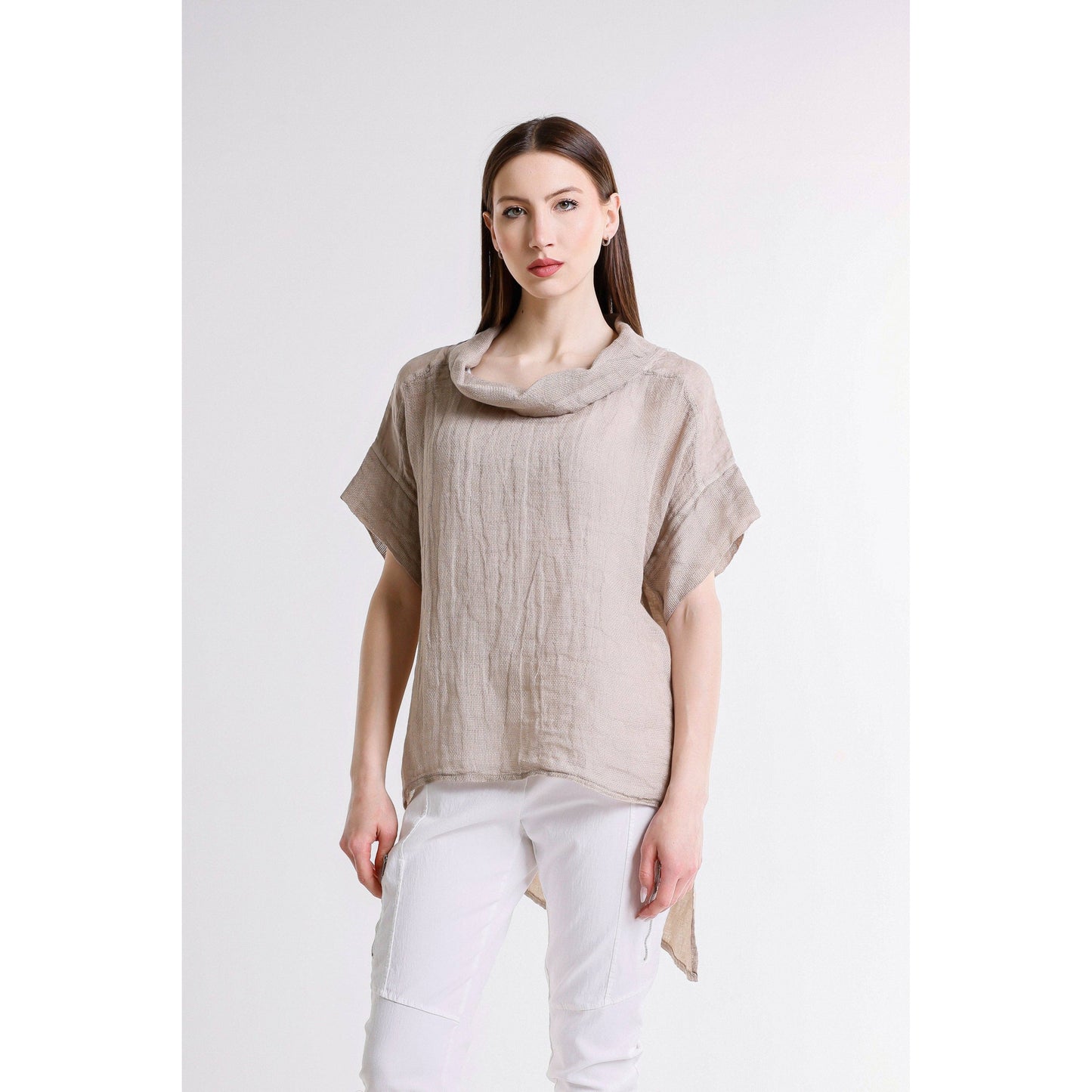 [TINA Stephens Italy/Tees By Tina - Cassidy Drape Neck Bubble Linen Top (BSS908): 286 Cashmere / One Size], [CLOTHING], [TINA Stephens Italy/Tees By Tina], [Plum Bottom].