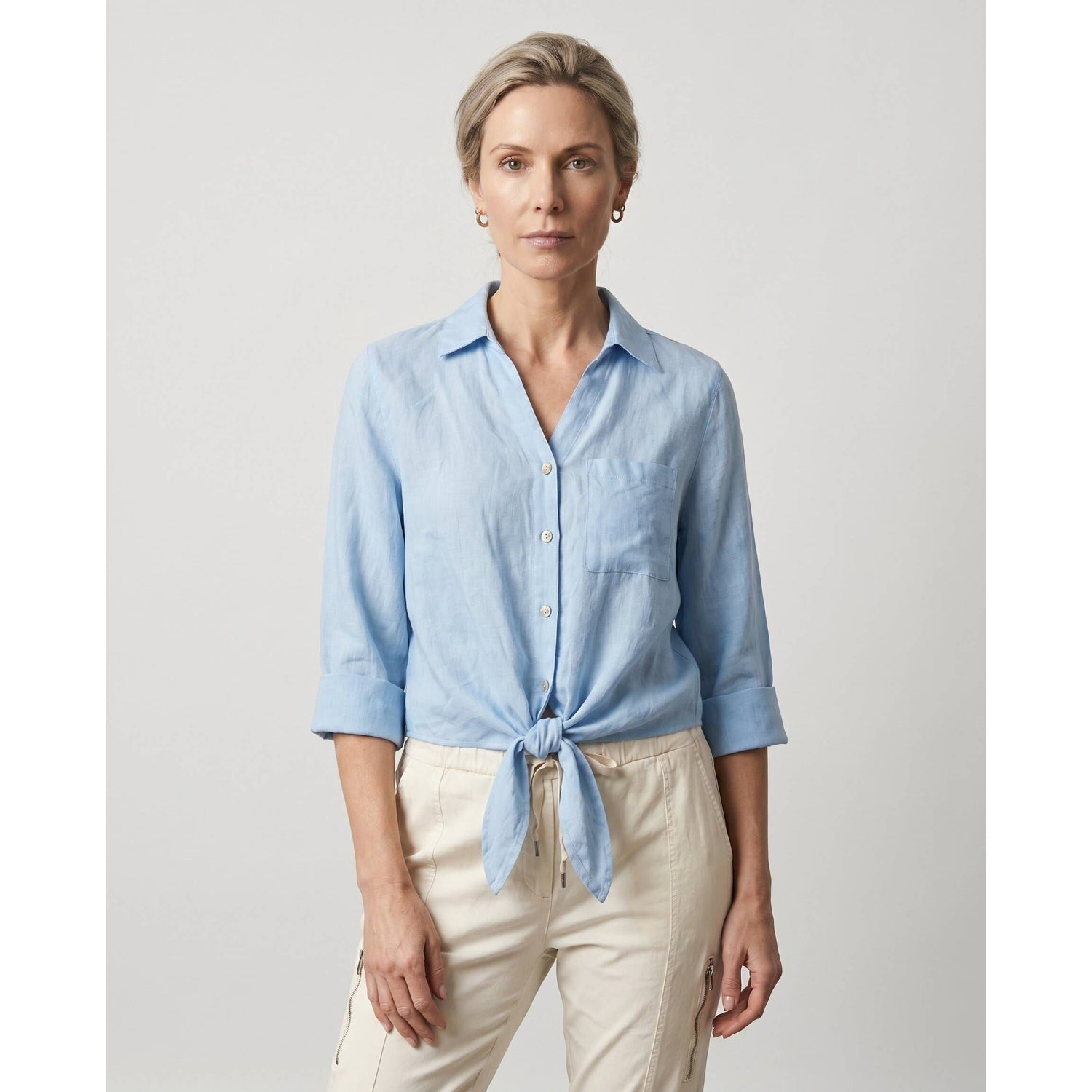 [TINA Stephens Italy/Tees By Tina - Alejandra Linen Tie Front Top (BQ152): 430 Sky Blue], [CLOTHING], [TINA Stephens Italy/Tees By Tina], [Plum Bottom].